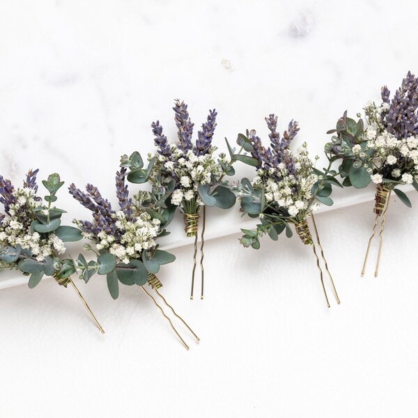 wedding hair pins, hair clips, Gypsophila hair pin, Eucalyptus, lavender, baby's breath bridal hair pin, dried flowers, rustic hair pin,