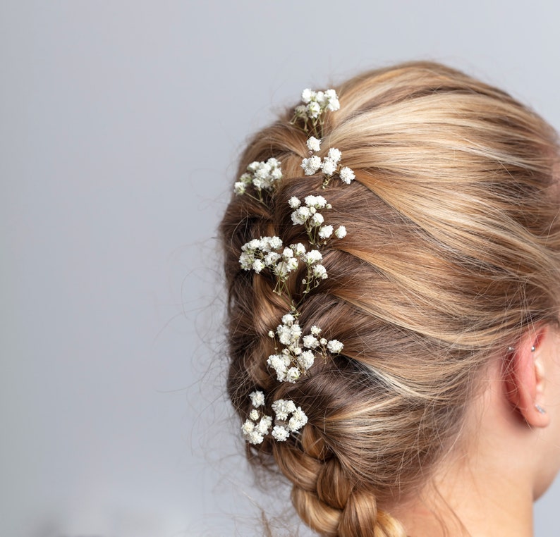 Épingles à cheveux de mariage, pinces à cheveux, épingle à cheveux gypsophile, épingle à cheveux de mariée blanche gypsophile, fleurs séchées, mariages dans les bois, épingle à cheveux rustique, image 8