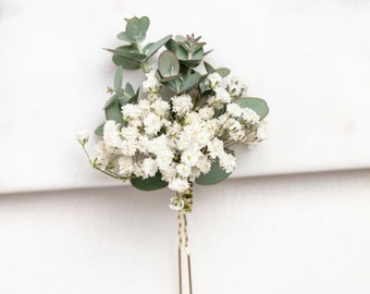 wedding hair pins, hair clips, Gypsophila hair pin, Eucalyptus, white baby's breath bridal hair pin, dried flowers, rustic hair pin,