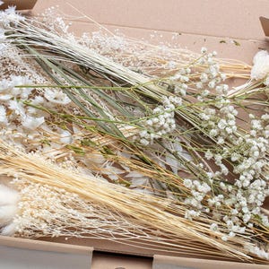 Flores secas, mistura de flores DIY, conjunto DIY, caixa de flores, DIY de casamento, buquê de flores secas, capim-dos-pampas, lagurus, phalaris, projetos criativos,