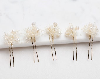 wedding pearl hair pins,pearl hair clips, Gypsophila hair pin, white baby's breath bridal hair pin, preserved flowers, weddings, rustic pin,