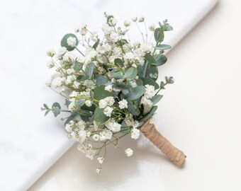 Boutonnière mariage, boutonnière eucalyptus avec gypsophile blanc, bouquet de fleurs séchées de mariage. Accessoires de mariage, boutonnières florales,