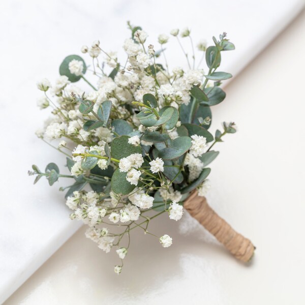 Wedding Buttonhole, Eucalyptus Buttonhole with white baby breath, Wedding Dried Flower Bouquet. Wedding accessories, Floral boutonnieres,