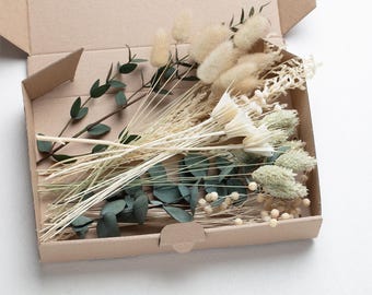 Fleurs séchées, fleur naturelle, mélange DIY, kit DIY, boîte à fleurs, bricolage de mariage, décoration florale, herbe des pampas, lagurus, phalaris, projets créatifs,
