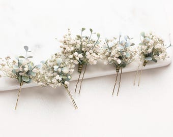 Ślubne spinki do włosów Eucalyptus 2, ozdoba do włosów dla panny młodej z gipsówki (zestaw 2 szt.)