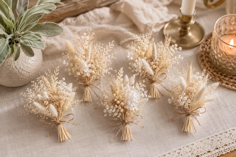 Puede incluir: Cinco peque&ntilde;os ramos de flores y hierbas secas en tonos crema, beige y blanco. Cada manojo est&aacute; atado en la base con un lazo fino de cuerda de color natural. Los arreglos presentan una mezcla de texturas que incluyen colas de conejo esponjosas, paniculata y peque&ntilde;as flores secas.