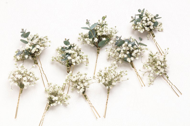 Hochzeit Haarnadeln, Haarspangen, Gypsophila Haarnadel, Eukalyptus, weiße Schleierkraut Braut Haarnadel, getrocknete Blumen, rustikale Haarnadel, Bild 2