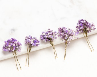 wedding hair pins, hair clips, lilac Gypsophila hair pin, lilac baby's breath bridal hair pin, dried flowers, rustic hair pin,