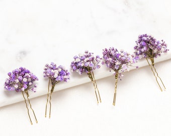 alfileres de pelo de boda, clips para el cabello, pasador de pelo lila Gypsophila, pasador de pelo nupcial de aliento de bebé lila, flores secas, pasador de pelo rústico,