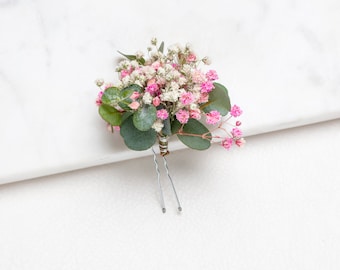 wedding hair pins, hair clips, Gypsophila hair pin, Eucalyptus, pink, white baby's breath bridal hair pin, dried flowers, rustic hair pin,