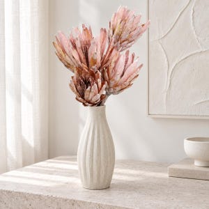 Peut inclure: Un bouquet de fleurs de protéa séchées roses disposé dans un grand vase en céramique blanc cassé à texture nervurée verticale. Les fleurs présentent des pétales pointus et superposés dans des tons rose poudré et brun, dressées dans le col étroit.
