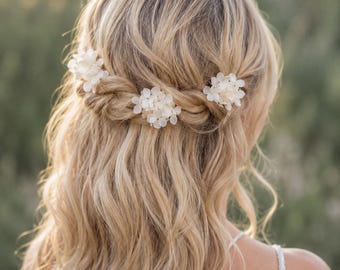 Bruidshaarspelden met witte hortensia, geconserveerde bloem, bruidshaaraccessoires, haarstukje met gedroogde bloem, haarspelden voor de bruid