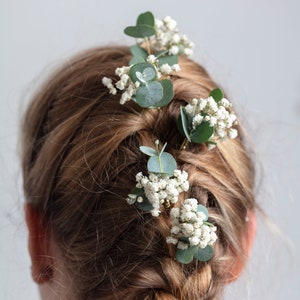 wedding hair pins, hair clips, Gypsophila hair pin, Eucalyptus, white baby's breath bridal hair pin, dried flowers, rustic hair pin, image 4