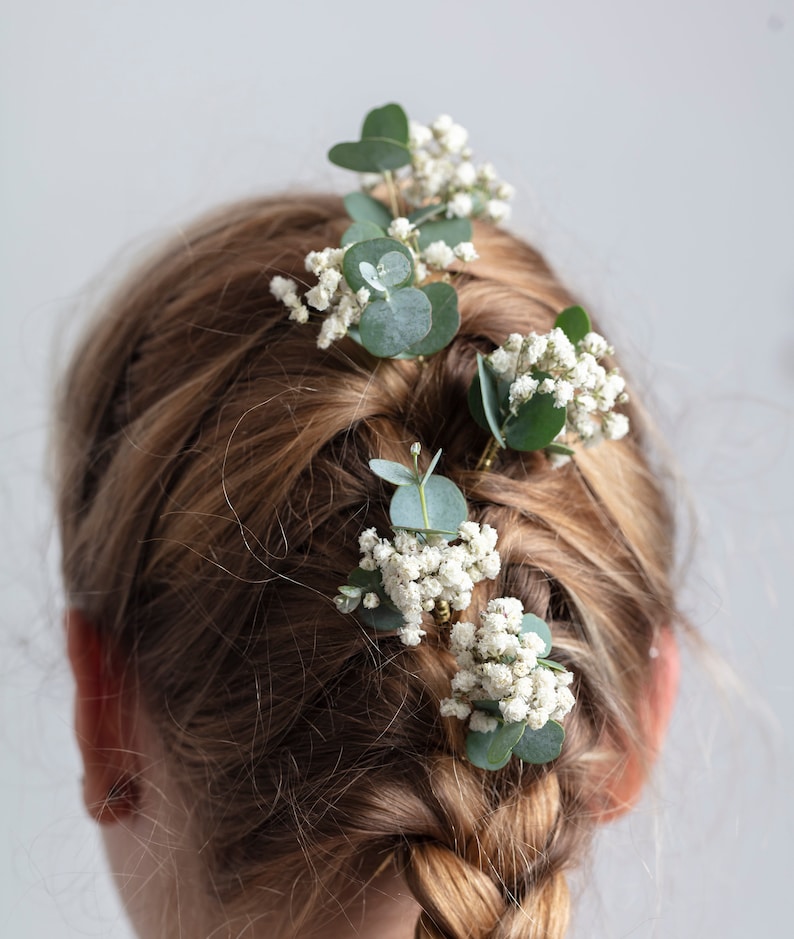 wedding hair pins, hair clips, Gypsophila hair pin, Eucalyptus, white baby's breath bridal hair pin, dried flowers, rustic hair pin, image 4