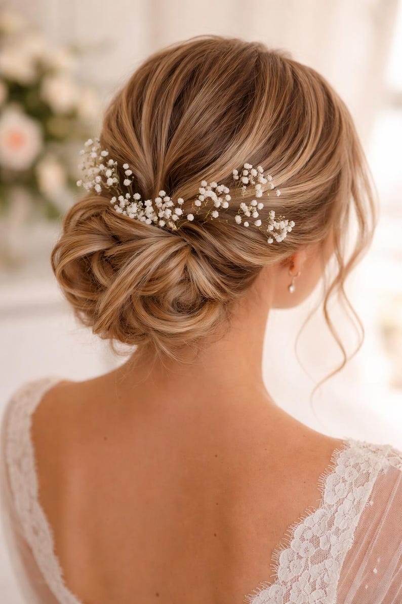 White Preserved Baby's Breath Hair Pins, Wedding Hair Clips, Gypsophila hair pin, Bridal Hair Pin, Preserved Flowers, Set of 6 image 4