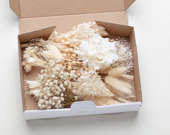 Ensemble naturel de fleurs séchées ivoire, petit mélange DIY, ensemble DIY, pour bricolage, boîte à fleurs, bricolage bleu mariage, décoration florale, lagurus, projets créatifs