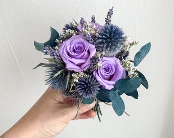 Rose stabilisée, lavande, eryngium, bouquet d'eucalyptus, fleurs de mariage, fleurs séchées, ornement de table, mariage, décoration d'intérieur