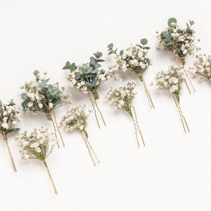 alfileres de pelo de boda, clips para el cabello, pasador de pelo Gypsophila, eucalipto, pasador de pelo nupcial de aliento de bebé blanco, flores secas, pasador de pelo rústico, imagen 4