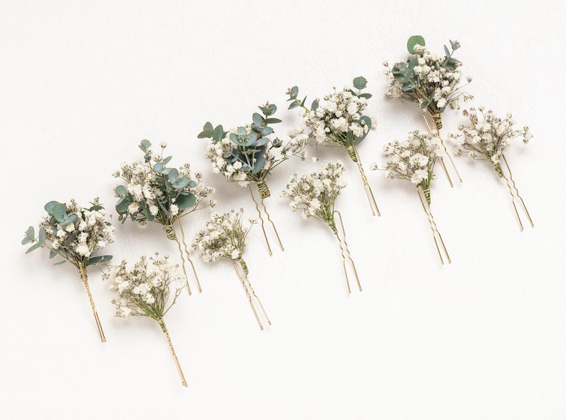 bruiloft haarspelden, haarclips, Gypsophila haarspeld, Eucalyptus, witte gipskruid bruidshaarspeld, gedroogde bloemen, rustieke haarspeld, afbeelding 4