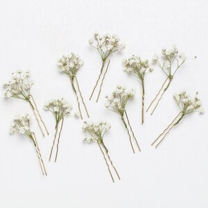 Épingles à cheveux de mariage, pinces à cheveux, épingle à cheveux gypsophile, épingle à cheveux de mariée blanche gypsophile, fleurs séchées, mariages dans les bois, épingle à cheveux rustique, image 5