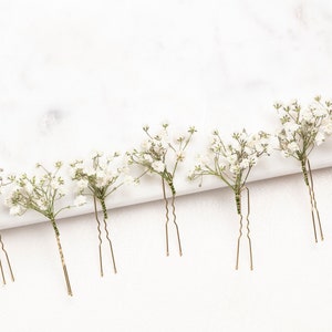 Épingles à cheveux de mariage, pinces à cheveux, épingle à cheveux gypsophile, épingle à cheveux de mariée blanche gypsophile, fleurs séchées, mariages dans les bois, épingle à cheveux rustique, image 2