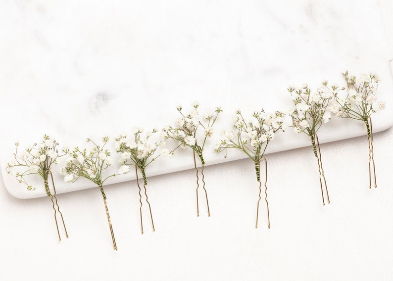 Épingles à cheveux de mariage, pinces à cheveux, épingle à cheveux gypsophile, épingle à cheveux de mariée blanche gypsophile, fleurs séchées, mariages dans les bois, épingle à cheveux rustique, image 2