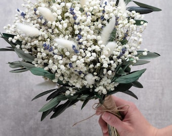 wedding bouquet, White preserved Baby breath with Olive, lagurus, lavender, wedding bouquet, preserved gypsophila, taufe Bridal Bouquet,