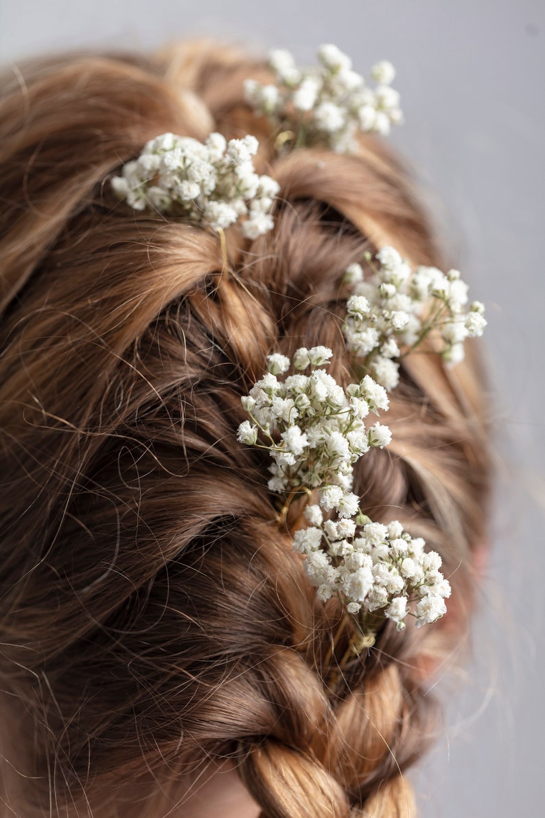 Épingles à cheveux de mariage, pinces à cheveux, épingle à cheveux gypsophile, épingle à cheveux de mariée blanche gypsophile, fleurs séchées, mariages dans les bois, épingle à cheveux rustique, image 2