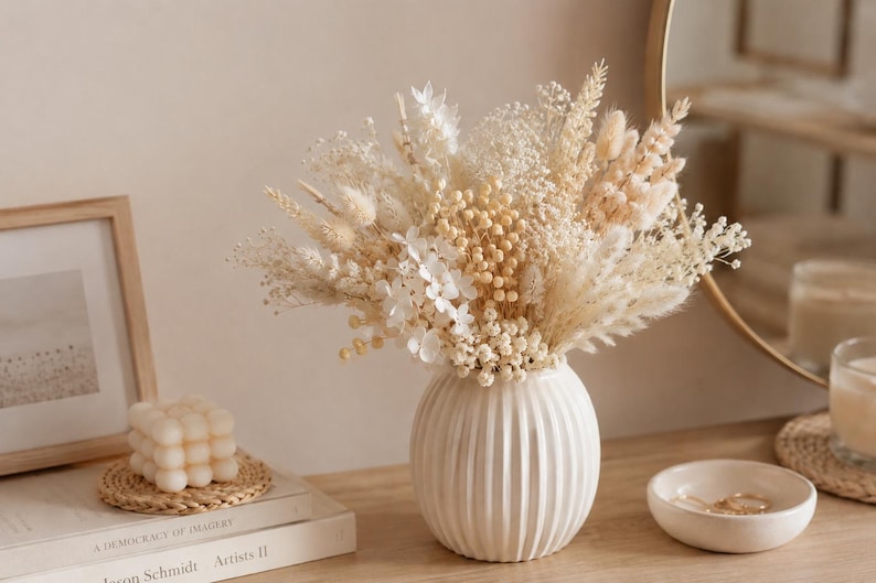 Puede incluir: Un jarr&oacute;n de cer&aacute;mica blanca con estr&iacute;as verticales contiene un denso arreglo de flores y hierbas secas en tonos crema, beige y blanco roto. El ramo incluye hierba de la pampa esponjosa, paniculata delicada y peque&ntilde;os racimos florales.