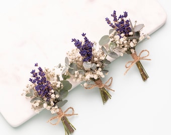 Gedroogde lavendel bruiloft boutonnière, eucalyptus baby's Breath