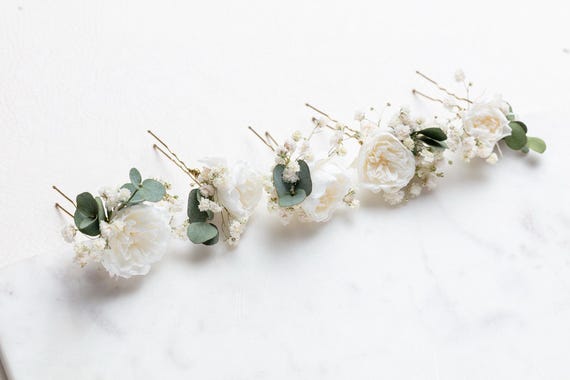 White Rose and Leaves Bridal Hair Clip Ivory and Co Fairydust Silver Enameled Leaves Wedding Hair Clip main image 3