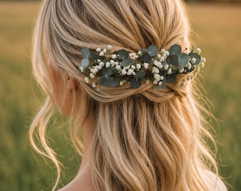 Wedding Hair Pins, Eucalyptus and Baby's Breath Bridal Hair Accessories dried flowers rustic hair pin,