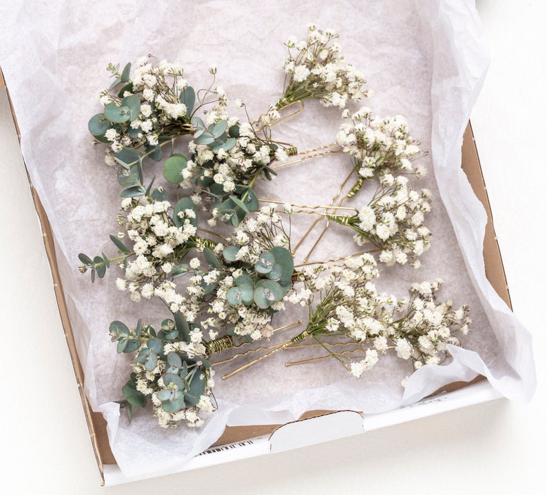 bruiloft haarspelden, haarclips, Gypsophila haarspeld, Eucalyptus, witte gipskruid bruidshaarspeld, gedroogde bloemen, rustieke haarspeld, afbeelding 6