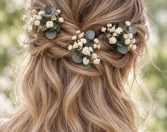 Horquillas para el cabello de eucalipto seco y paniculata, accesorios rústicos para novias.
