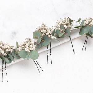 Wedding hair pins eucalyptus, hair clips, Gypsophila hair pin, Eucalyptus, white baby&#39;s breath bridal hair pin dried flowers rustic hair pin