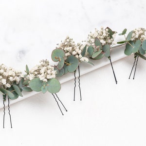 wedding hair pins, hair clips, Gypsophila hair pin, Eucalyptus, white baby's breath bridal hair pin, dried flowers, rustic hair pin, image 1