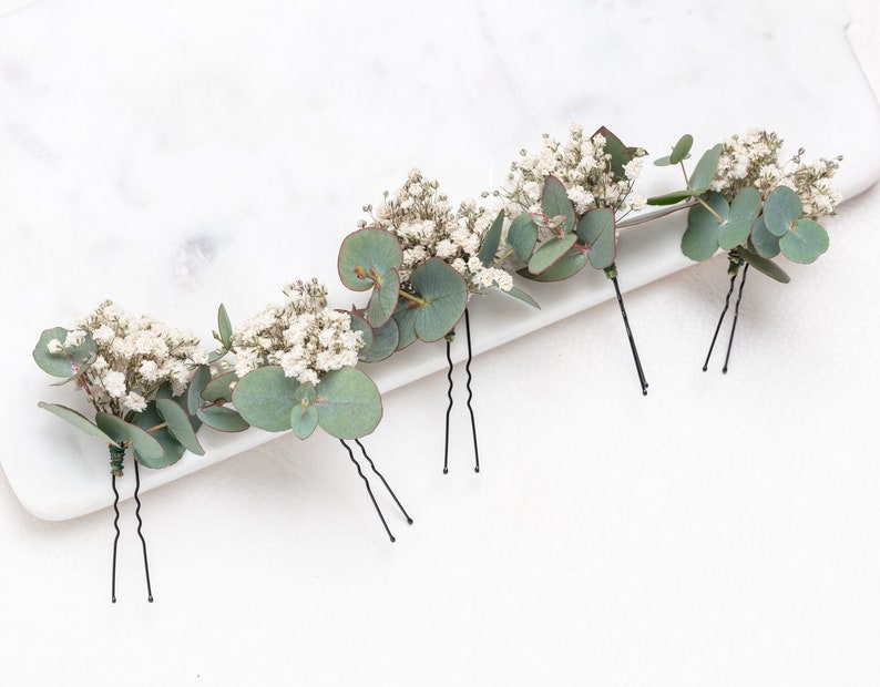 wedding hair pins, hair clips, Gypsophila hair pin, Eucalyptus, white baby's breath bridal hair pin, dried flowers, rustic hair pin, image 1