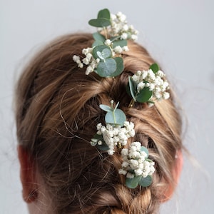 bruiloft haarspelden, haarclips, Gypsophila haarspeld, Eucalyptus, witte gipskruid bruidshaarspeld, gedroogde bloemen, rustieke haarspeld, afbeelding 7