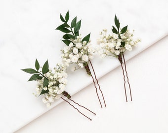 forcine per capelli da sposa, fermagli per capelli, spilla per capelli da sposa ruscus con respiro di bambino bianco, fiori secchi, forcina per capelli rustica,