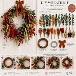 Könnte beinhalten: Ein DIY-Kranz-Set mit einem herbstlichen Kranz aus Trockenblumen, Beeren und einem Samtband. Enthält einen 30 cm Kranzring, Metalldraht, Samtband und verschiedene getrocknete Pflanzenstiele sowie eine visuelle Anleitung zur Montage.