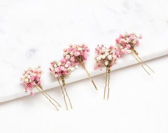 Épingles à cheveux de mariage, pinces à cheveux, épingle à cheveux gypsophile, épingle à cheveux de mariée blanche et rose souffle de bébé, fleurs séchées, épingle à cheveux rustique des bois,