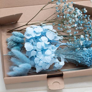Fleurs séchées, fleur bleue, mélange DIY, kit DIY, boîte à fleurs, bricolage de mariage, bouquet de fleurs, herbe des pampas, lagurus, phalaris, projets créatifs,
