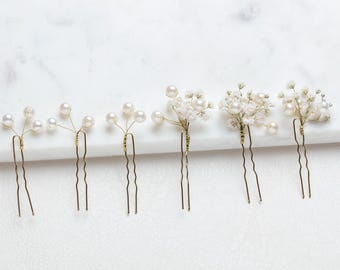 Pearl and Baby's Breath Wedding Hair Pins Set of 6 Pearl hair clips, Gypsophila Hair Pin, Preserved Flowers, Wedding Rustic Hair piece