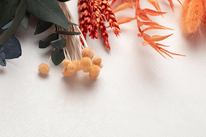 May include: An overhead shot of dried floral elements in shades of orange, red, and green against a white background. The arrangement includes fluffy orange pom-poms, spiky orange leaves, and dark green eucalyptus leaves.