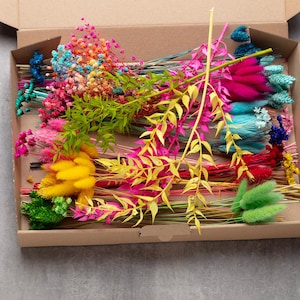 Può includere: Una scatola di cartone piena di un assortimento di fiori secchi colorati. I fiori includono sfumature di rosa, giallo, blu, verde e rosso. La composizione presenta varie trame e forme, creando un'esposizione vibrante e accattivante. Ideale per l'artigianato o l'arredamento della casa.