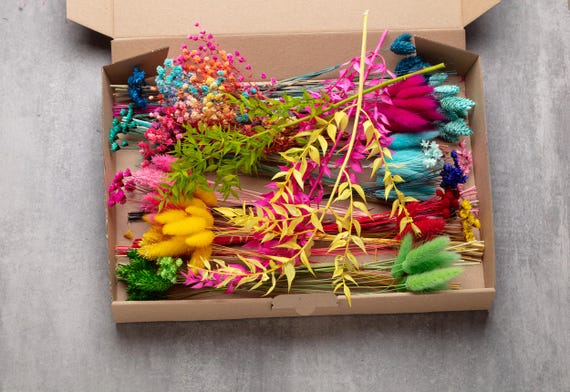 Colorful dried flowers, flower DIY Mix, DIY set, Flower Box, wedding DIY, dried flower bouquet, Bright rainbow, lagurus, Creative Projects,