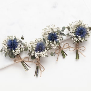 Blue thistle flower boutonnieres, natural and fresh flowers, Wedding mini Dried Flower buttonhole, Wedding accessories, Floral boutonnieres,