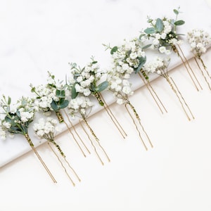 forcine per capelli da sposa, fermagli per capelli, forcina per capelli Gypsophila, eucalipto, forcina per capelli da sposa bianca con respiro di bambino, fiori secchi, forcina per capelli rustica, immagine 2