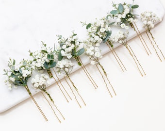 forcine per capelli da sposa, fermagli per capelli, forcina per capelli Gypsophila, eucalipto, forcina per capelli da sposa bianca con respiro di bambino, fiori secchi, forcina per capelli rustica,