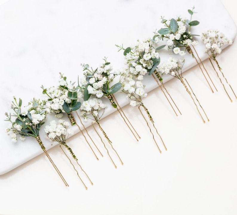 forcine per capelli da sposa, fermagli per capelli, forcina per capelli Gypsophila, eucalipto, forcina per capelli da sposa bianca con respiro di bambino, fiori secchi, forcina per capelli rustica, immagine 2